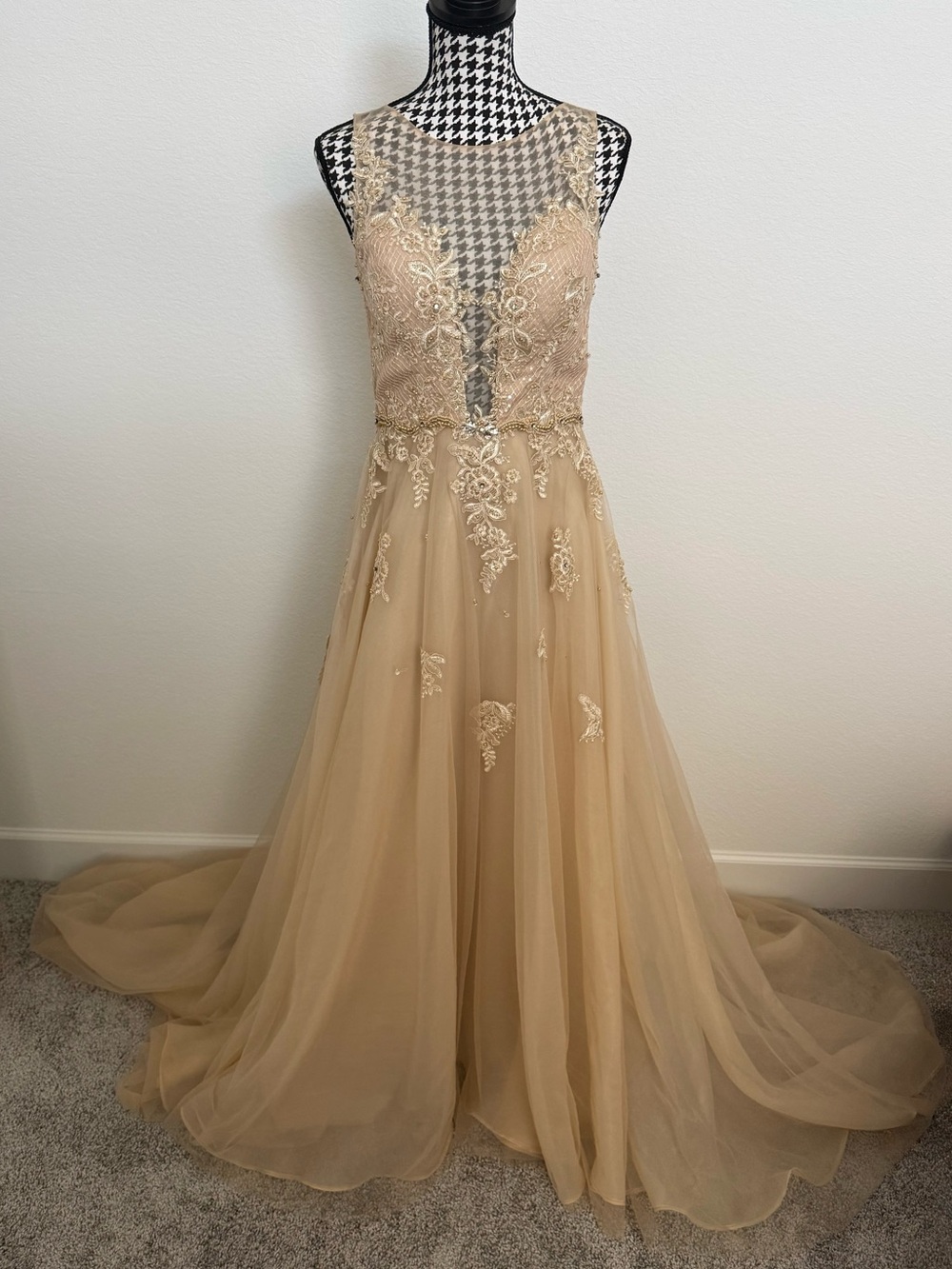 JJs House Gold Lace Applique A-Line Wedding Gown